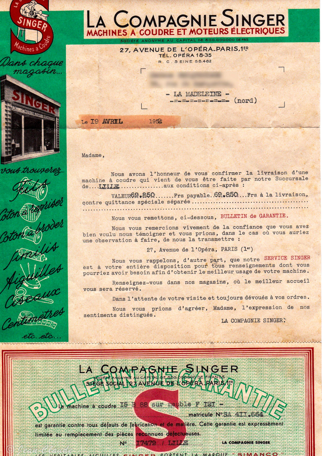 Bulletin de garantie de la Machine à coudre Singer N° 15B88
