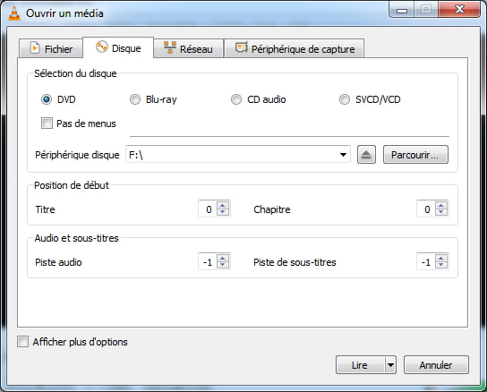 VLC : onglet Disque