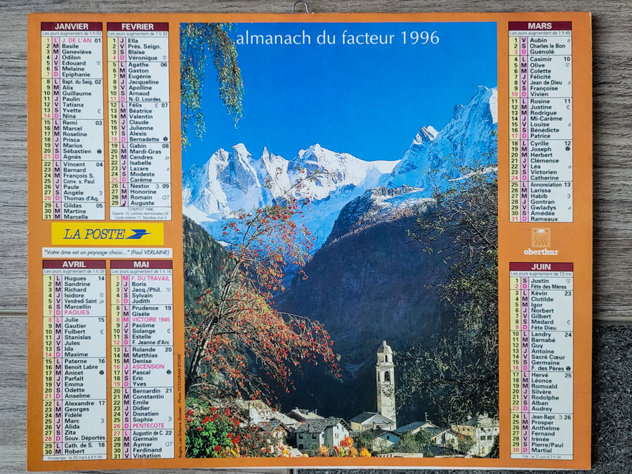 Un calendrier des P.T.T. de 1996